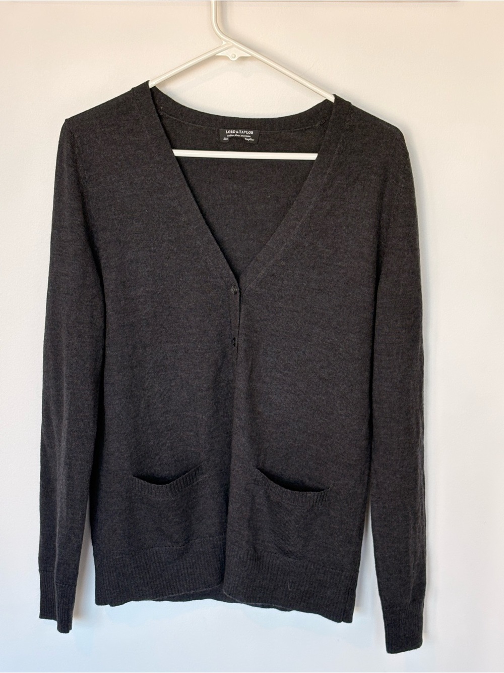 Lord & Taylor 100% Merino Wool Charcoal V-Neck Cardigan Extra Fine Knit - Picture 2 of 6